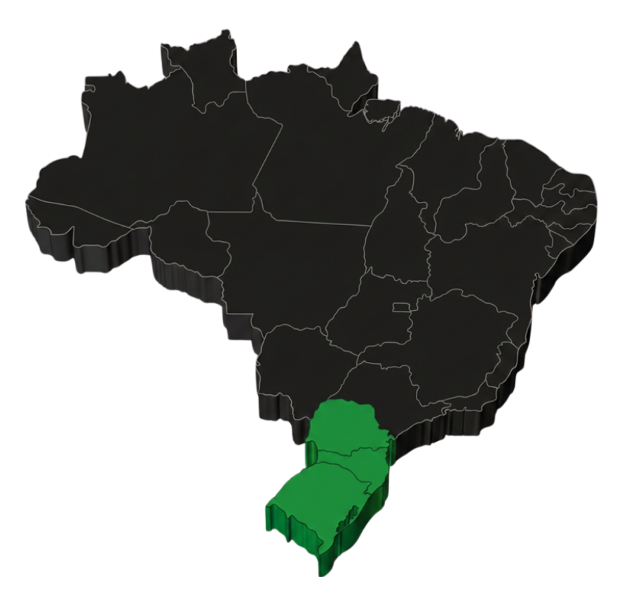 Mapa do Brasil com destaque para a Região Sul e as unidades de Santa Maria/RS (matriz), Itajaí/SC e Curitiba/PR (filiais)